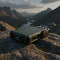 Rugged water-resistant tactical power bank in olive green with dual USB ports and carabiner clip