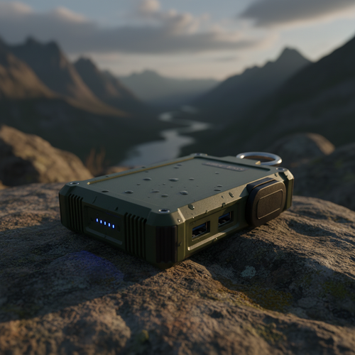 Rugged water-resistant tactical power bank in olive green with dual USB ports and carabiner clip