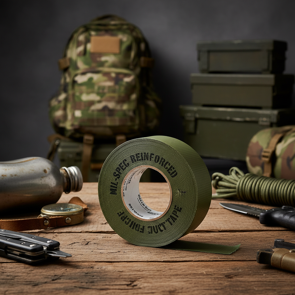 Heavy-duty military grade olive green duct tape roll on rugged wooden workbench