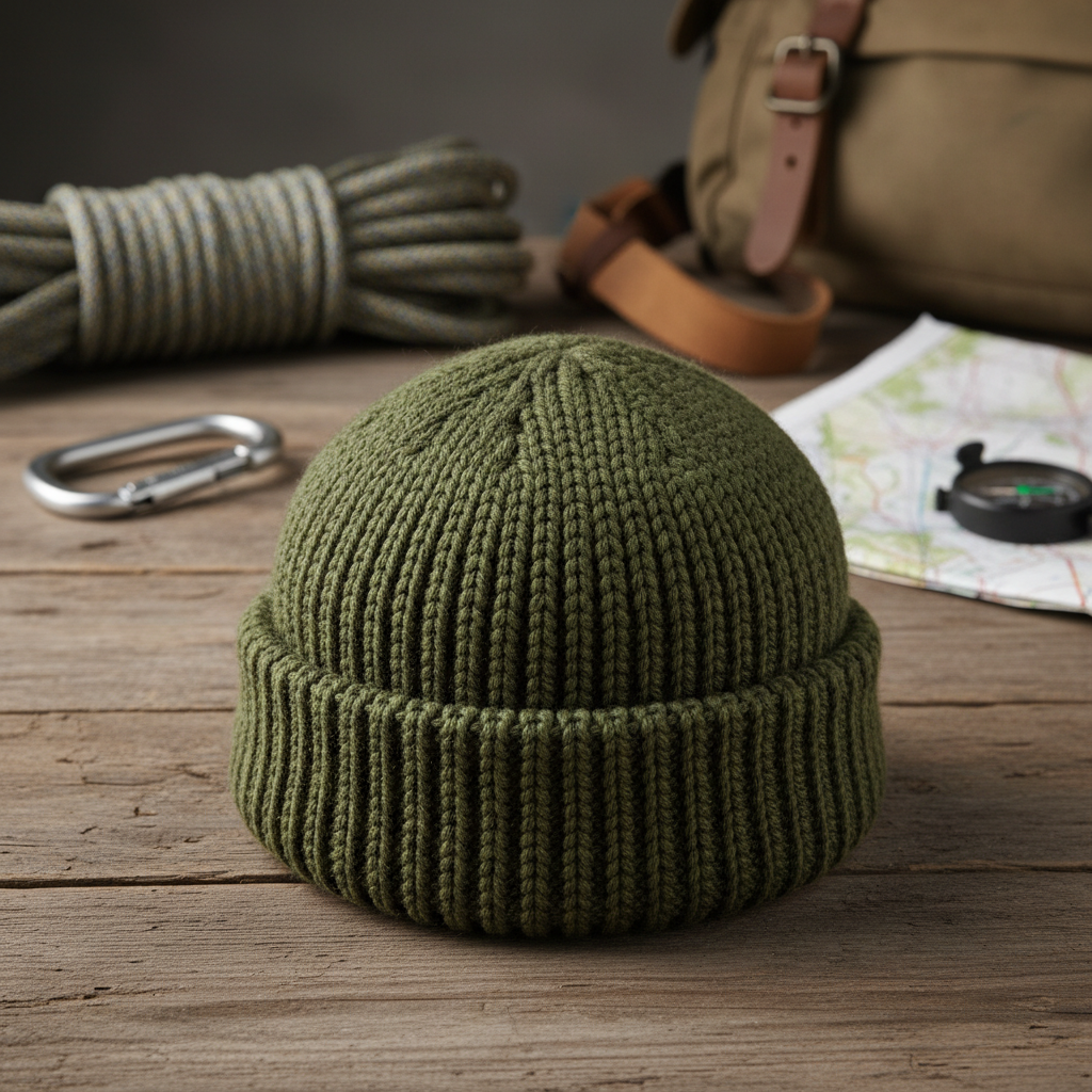 Tactical olive green wool survival beanie on rustic wooden surface
