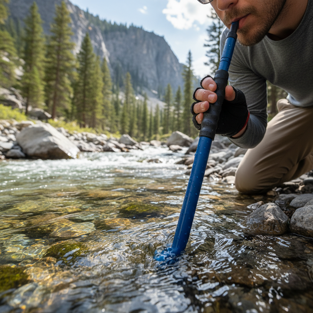 Personal water filter straw being used to drink from a clear mountain stream