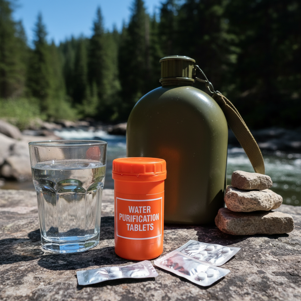 Emergency water purification tablets in orange waterproof bottle next to clear glass of water and canteen