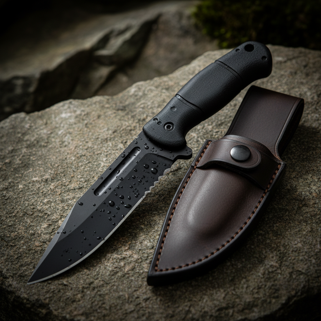 Tactical fixed blade survival knife with black rubber grip and leather sheath on stone surface
