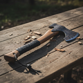 Tactical hunting axe with forged steel head and hickory handle on rustic wooden surface