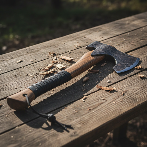 Tactical hunting axe with forged steel head and hickory handle on rustic wooden surface