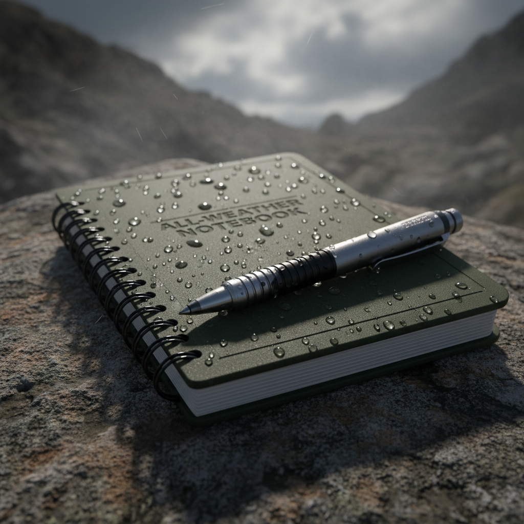 Waterproof tactical notebook and all-weather pen on rugged outdoor surface with rain droplets