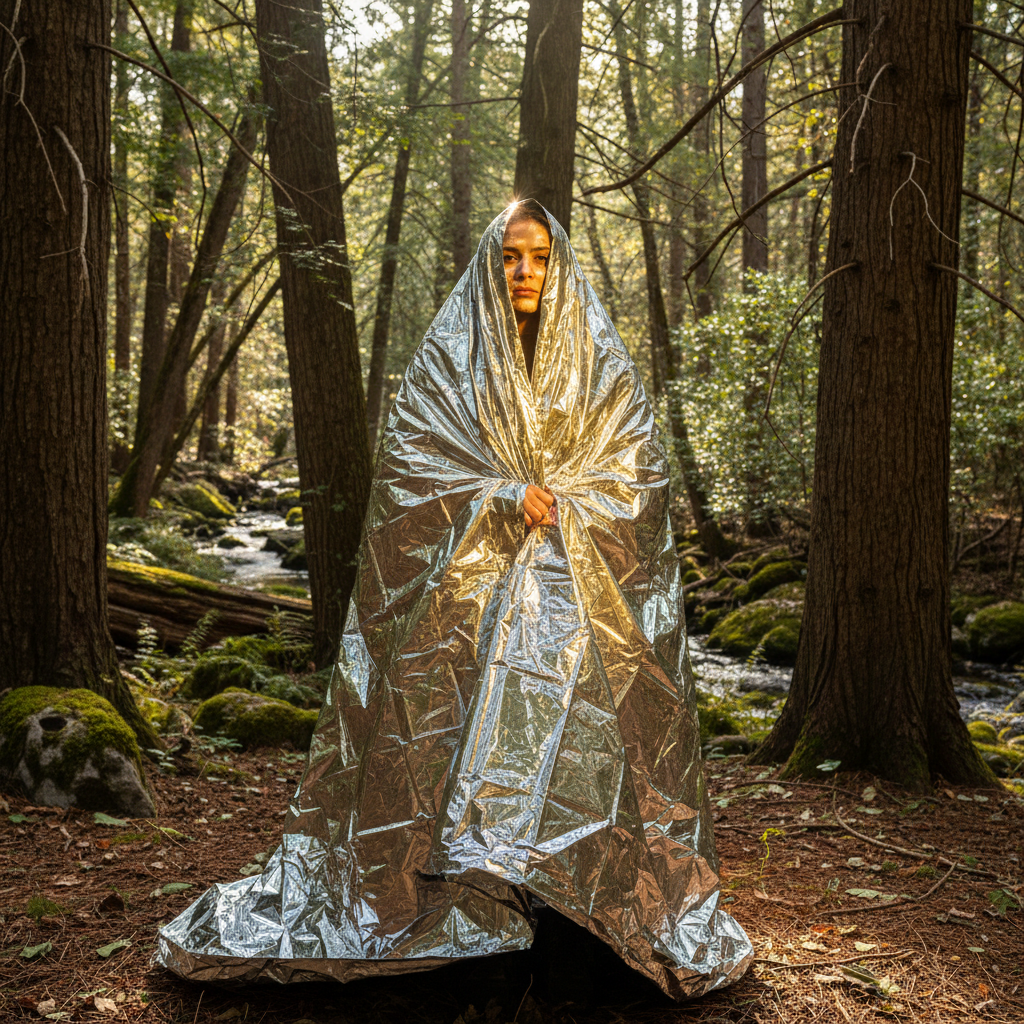 Shimmering silver and gold Mylar emergency survival blanket unfolded outdoors