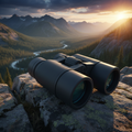 Military-grade HD tactical binoculars in matte black with rubber armor on rocky outcrop