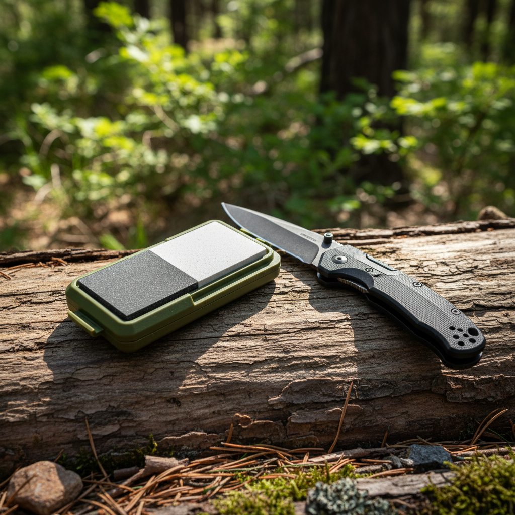 Compact dual-grit pocket whetstone knife sharpener in protective case next to a knife