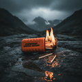 Stormproof survival matches in waterproof orange case with lit matches on wet rocky surface