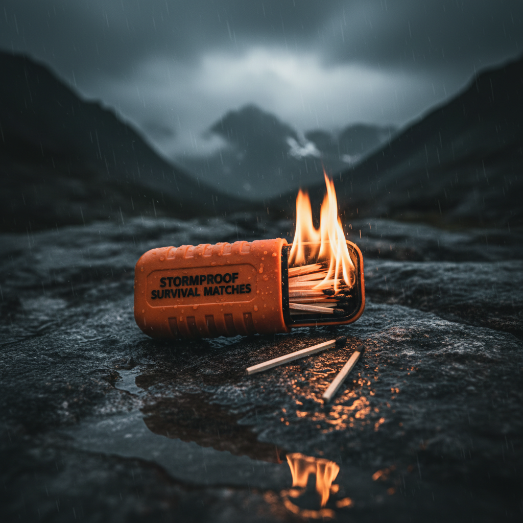 Stormproof survival matches in waterproof orange case with lit matches on wet rocky surface