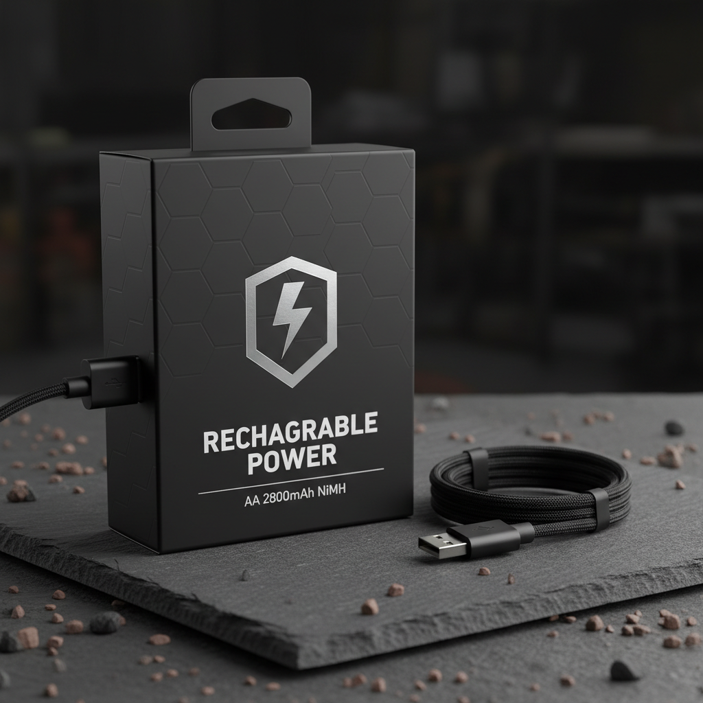 Rechargeable AA batteries in tactical black packaging with USB charging cable