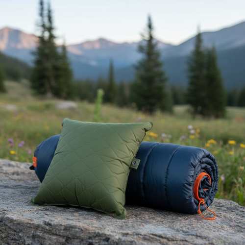 Compact inflatable olive green hiking pillow next to sleeping bag outdoors