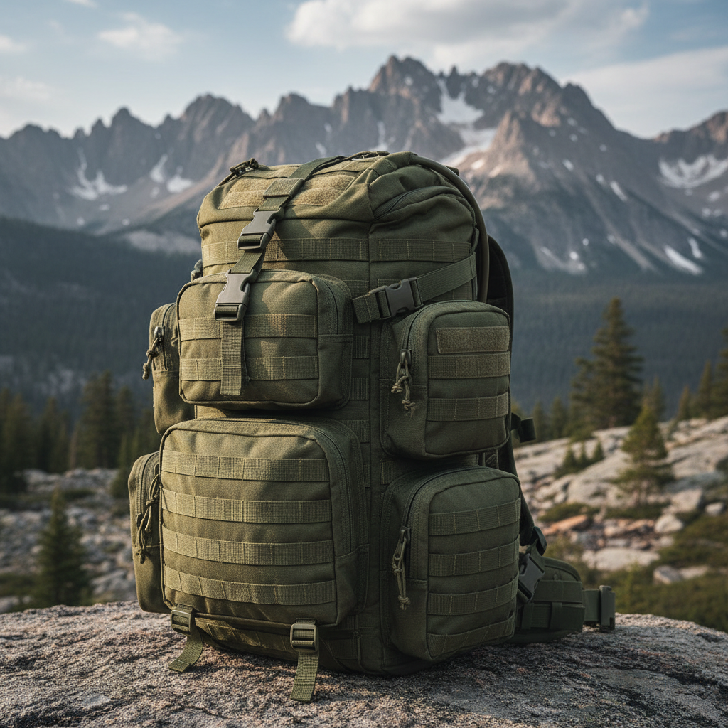 Tactical MOLLE bug-out backpack in olive green with multiple compartments and PALS webbing