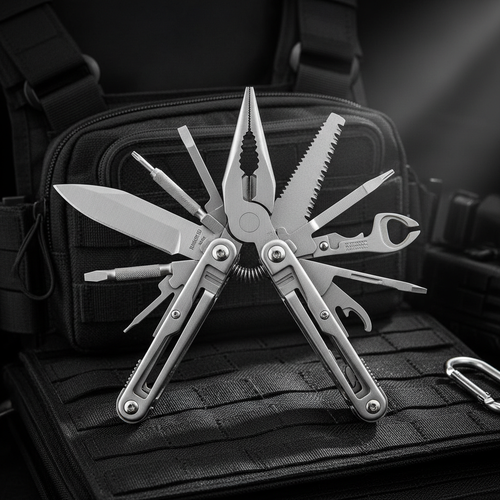 Patriot 18-in-1 tactical multi-tool open showing all tools on dark background