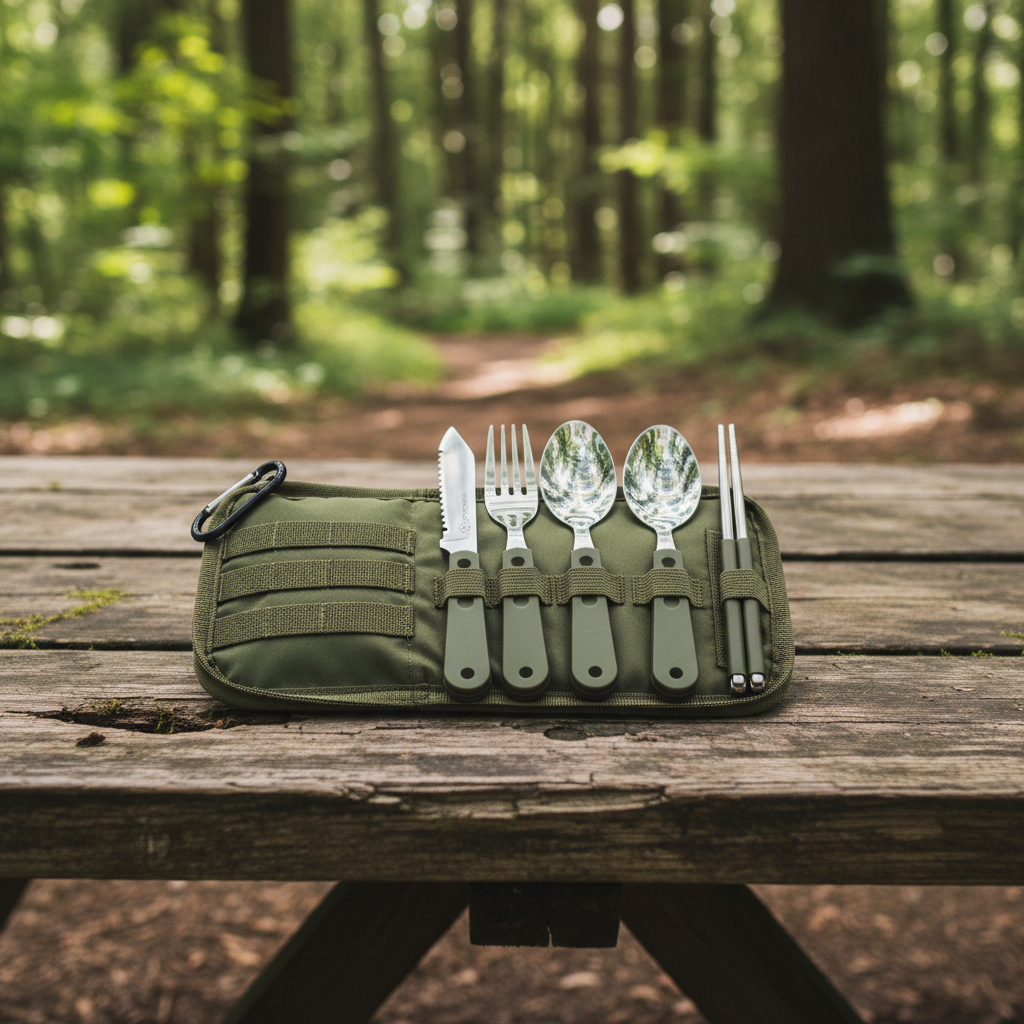 Tactical camping utensil set with spork, knife, and carabiner in olive green carrying case