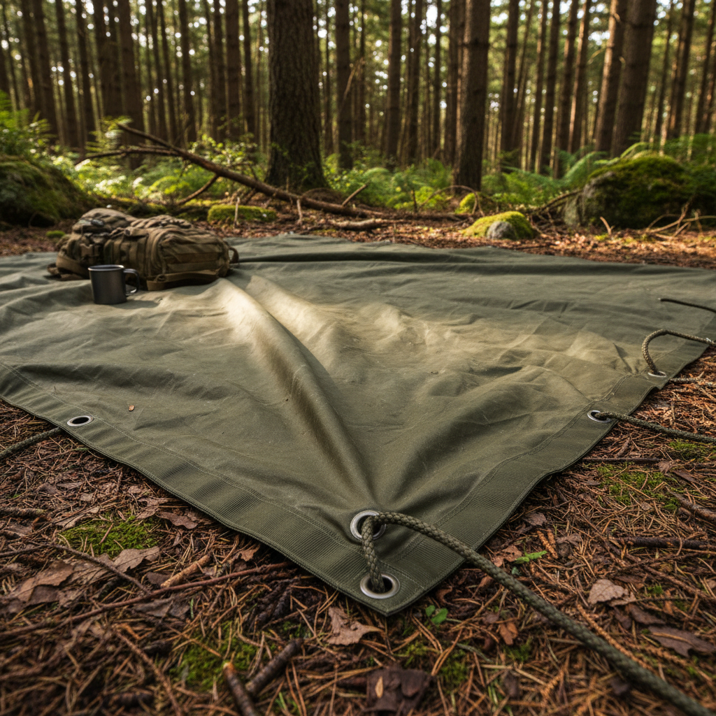 Heavy-duty military green tactical tarpaulin set up at a campsite with reinforced grommets and ropes