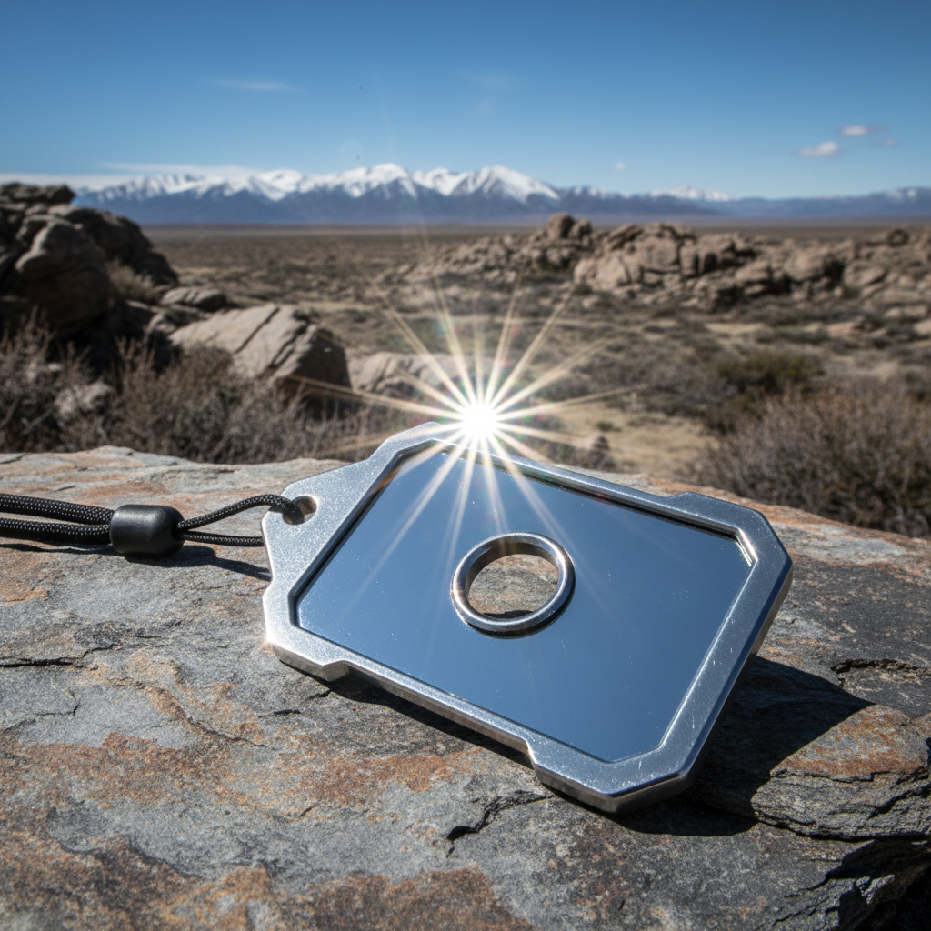 Tactical signal mirror reflecting sunlight in wilderness survival setting