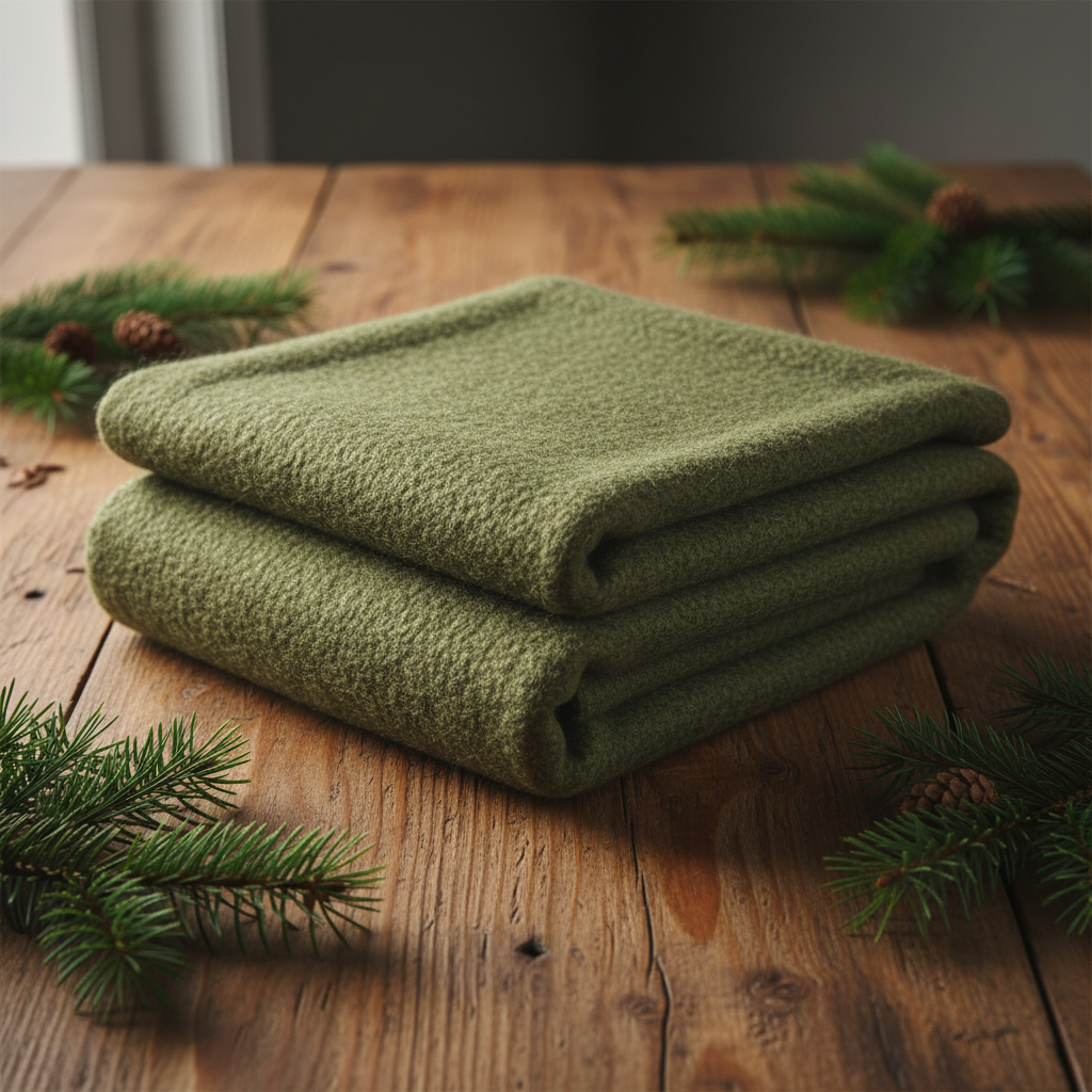 Military-grade olive green wool survival blanket folded on rustic wooden surface