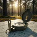 Military-grade lensatic compass in olive green metal casing open on topographic map