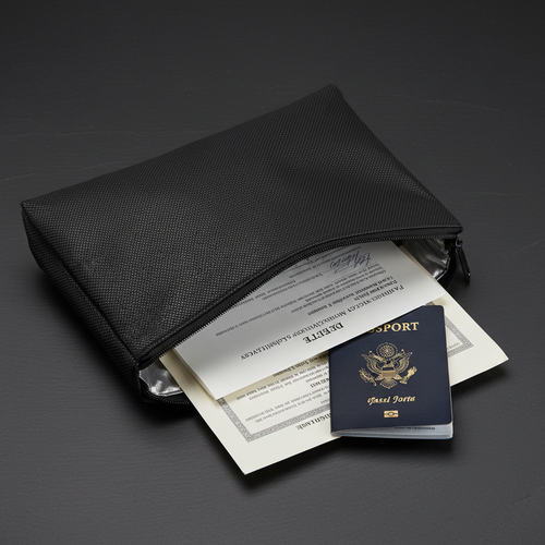 Fireproof and waterproof document bag open showing passport and documents inside
