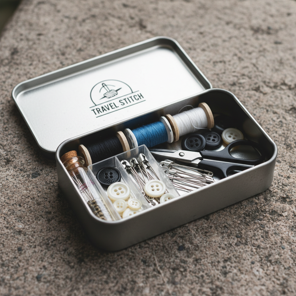 Compact emergency sewing kit in open tin case with needles, thread, buttons, and safety pins