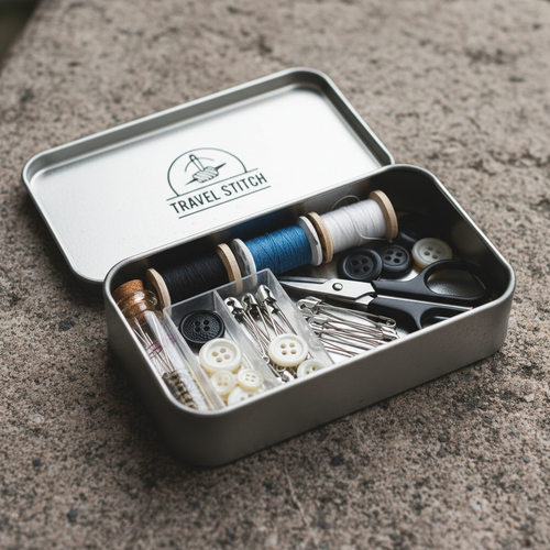 Compact emergency sewing kit in open tin case with needles, thread, buttons, and safety pins