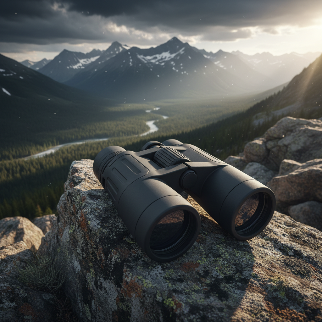 High-definition tactical binoculars in matte black on rocky outcrop overlooking wilderness