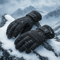 Waterproof tactical winter gloves in black with grip palms on snowy rocky surface
